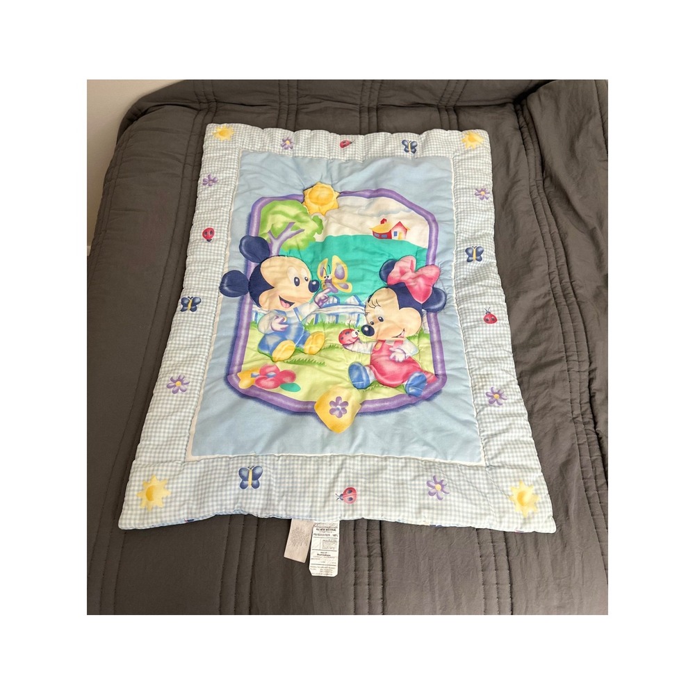 VTG Reversible Disney Baby Mickey/Minnie Baby Quilt Gingham Blue/White 30" x 40"